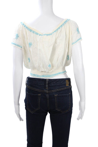 Blue Boheme Women Cropped Blouse White Floral Cotton Short Sleeve Size One Size