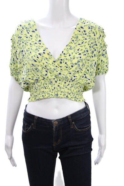 ASTR Womens Yellow Floral Cropped V-Neck Blouse Short Sleeve Viscose Size S