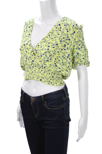 ASTR Womens Yellow Floral Cropped V-Neck Blouse Short Sleeve Viscose Size S