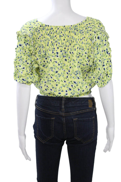 ASTR Womens Yellow Floral Cropped V-Neck Blouse Short Sleeve Viscose Size S