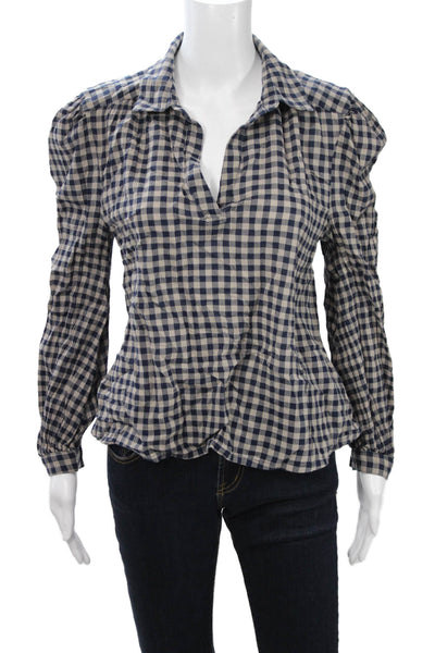 Treasure & Bond Women Beige Checked Cotton Collared Long Sleeve Blouse Size S