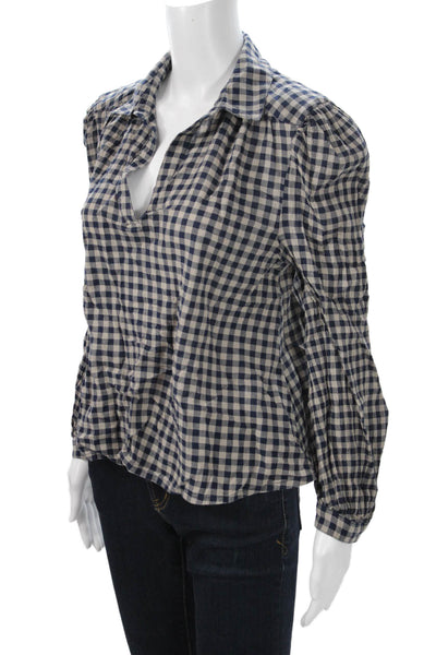 Treasure & Bond Women Beige Checked Cotton Collared Long Sleeve Blouse Size S