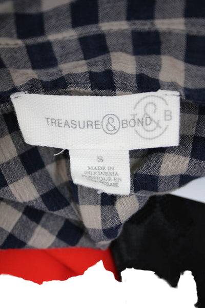 Treasure & Bond Women Beige Checked Cotton Collared Long Sleeve Blouse Size S
