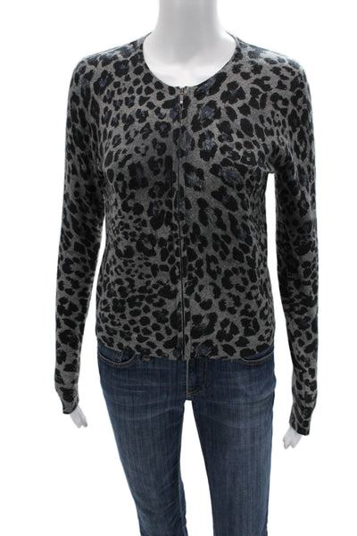 Kinross Cashmere Unisex Black Leopard Zip Cardigan Size XS