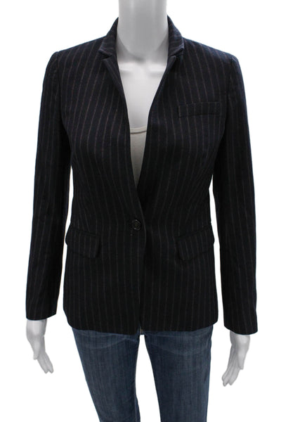 J Crew Women Dark Blue Striped Wool Collared Button Blazer Long Sleeve Size 4P