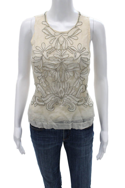 Lela Rose Women Beige Silk Round Neck Sleeveless Tank Designer Size S
