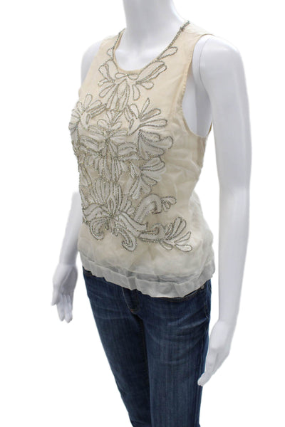Lela Rose Women Beige Silk Round Neck Sleeveless Tank Designer Size S