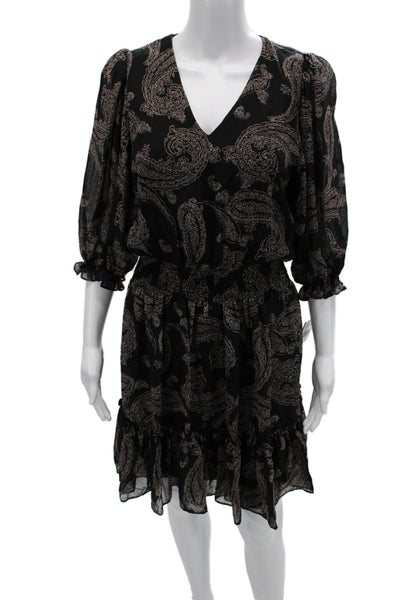 Taylor Womens Fit Flare Blouson Dress Black Paisley V-Neck 3/4 Sleeve Size 2