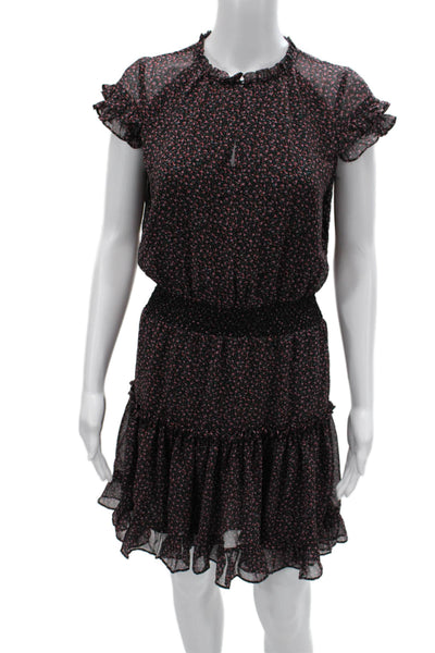 Rebecca Minkoff Women Blouson Mini Dress Black Floral Short Sleeve Size 2XS