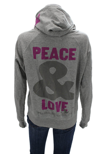 291 Womens Full Zip Hoodie Gray Supima Cotton Hippie Graphic Drawstring Size M
