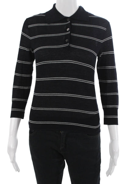 Vince Women Petite Black Striped Collared Cotton Polo 3/4 Sleeve Size XS