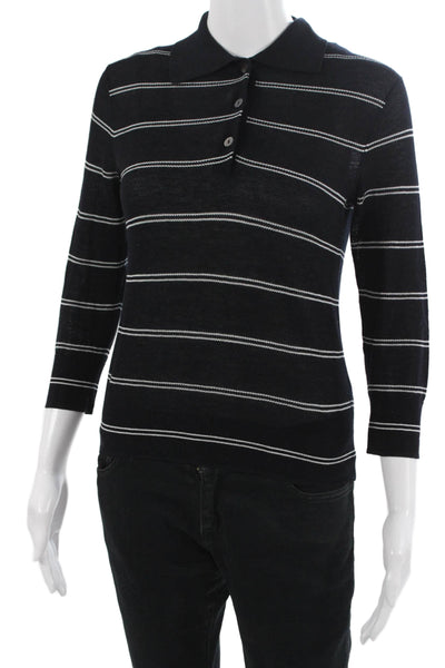 Vince Women Petite Black Striped Collared Cotton Polo 3/4 Sleeve Size XS