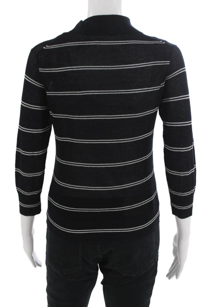 Vince Women Petite Black Striped Collared Cotton Polo 3/4 Sleeve Size XS