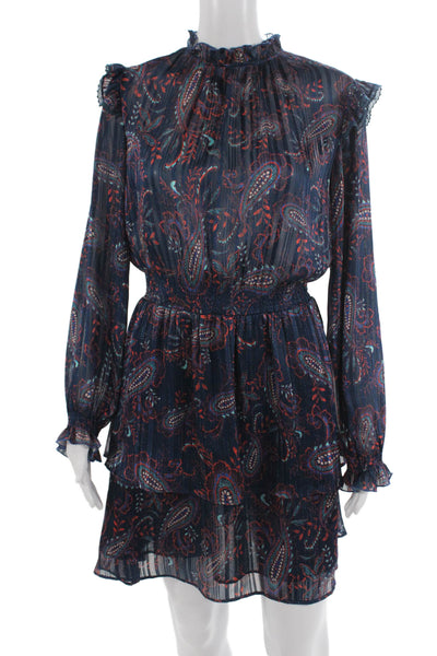 MNG Womens Blouson Mini Dress Dark Blue Paisley High Neck Long Sleeve Size 4