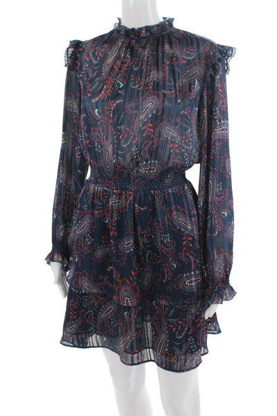 MNG Womens Blouson Mini Dress Dark Blue Paisley High Neck Long Sleeve Size 4