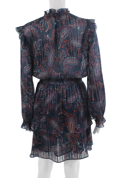 MNG Womens Blouson Mini Dress Dark Blue Paisley High Neck Long Sleeve Size 4