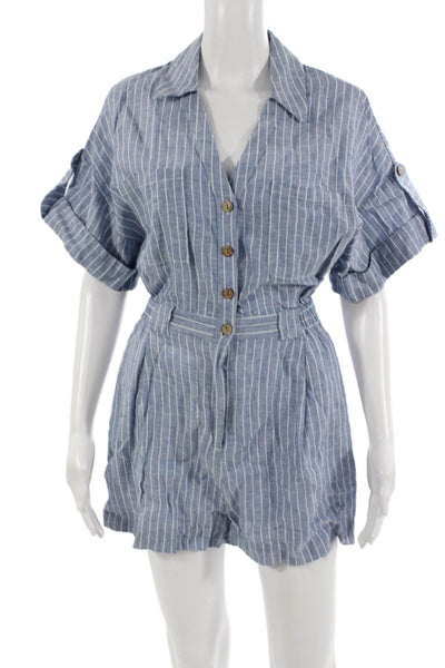 Zara Womens Jumpsuit Romper Blue Striped Polyester Blend Short Sleeve Size S