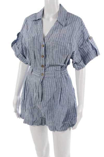 Zara Womens Jumpsuit Romper Blue Striped Polyester Blend Short Sleeve Size S