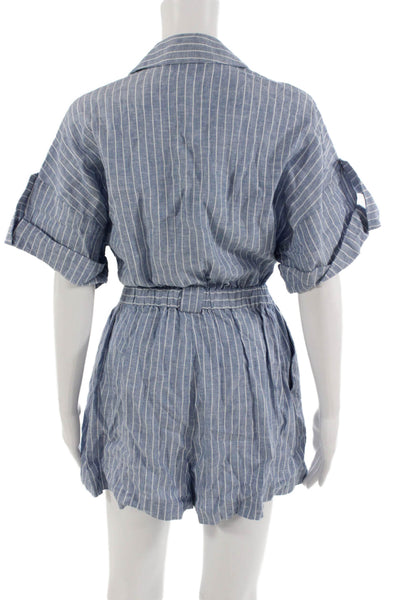 Zara Womens Jumpsuit Romper Blue Striped Polyester Blend Short Sleeve Size S