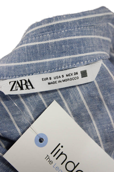 Zara Womens Jumpsuit Romper Blue Striped Polyester Blend Short Sleeve Size S