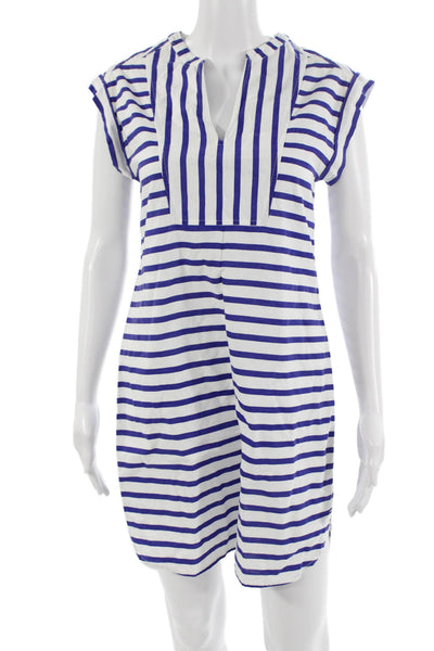 J Crew Womens Shift Shirt Dress Blue Striped V-Neck Short Sleeve Cotton Size XS