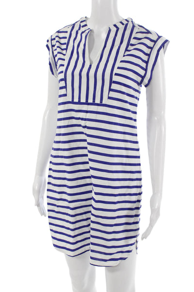 J Crew Womens Shift Shirt Dress Blue Striped V-Neck Short Sleeve Cotton Size XS