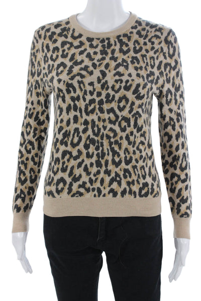 J Crew Unisex Pullover Sweater Beige Merino Wool Crew Neck Animal Print Size S