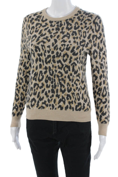 J Crew Unisex Pullover Sweater Beige Merino Wool Crew Neck Animal Print Size S