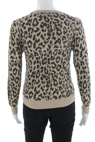 J Crew Unisex Pullover Sweater Beige Merino Wool Crew Neck Animal Print Size S