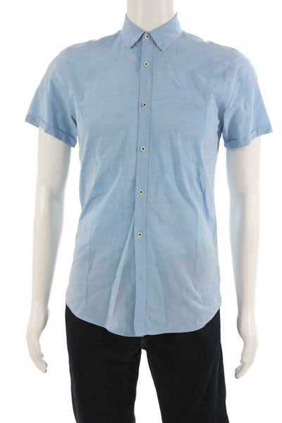 Zara Mens Cotton Collar Short Sleeve Button Down Shirt Light Blue Size S