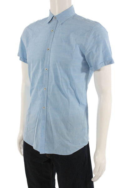 Zara Mens Cotton Collar Short Sleeve Button Down Shirt Light Blue Size S