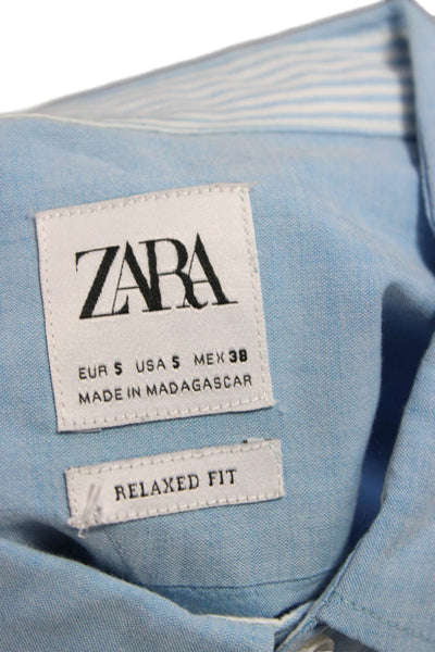 Zara Mens Cotton Collar Short Sleeve Button Down Shirt Light Blue Size S