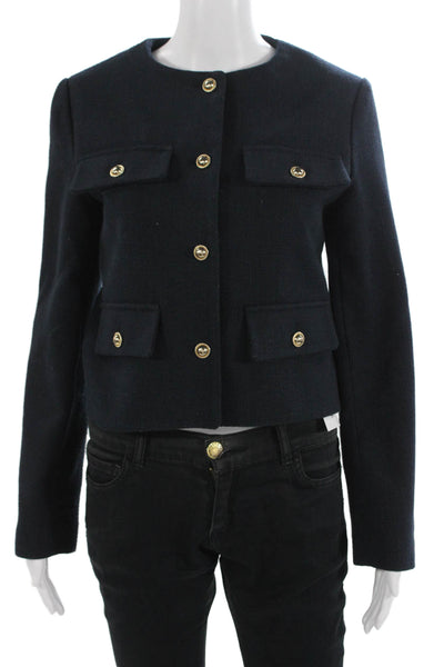 Zara Women Dark Blue Blazer Button Long Sleeve Round Neck Classic Size XS