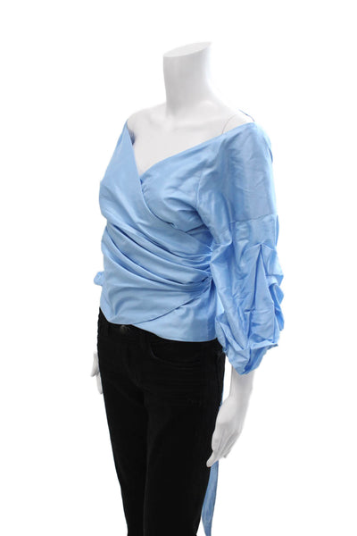 Marisa Baratelli Women Lt Blue Thai Silk V-Neck Tie Blouse 3/4 Sleeve Size 12