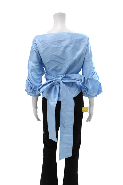Marisa Baratelli Women Lt Blue Thai Silk V-Neck Tie Blouse 3/4 Sleeve Size 12