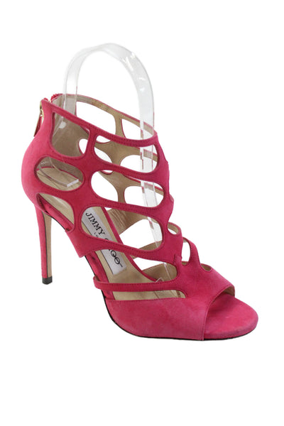 Jimmy Choo Womens Suede Cut Out Sandal Heels Magenta Pink Size 34.5 4.5