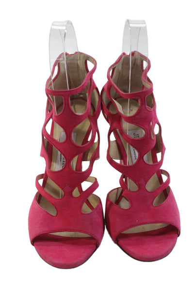 Jimmy Choo Womens Suede Cut Out Sandal Heels Magenta Pink Size 34.5 4.5