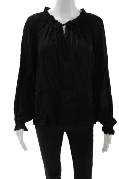 Olivaceous Womens Bohemian Black Drawstring Long Sleeve Blouse Size S