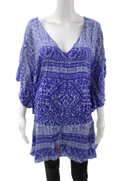 Vix Paula Hermanny Womens Tunic Blouse Blue Aztec V-Neck 100% Viscose Size L