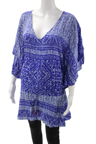 Vix Paula Hermanny Womens Tunic Blouse Blue Aztec V-Neck 100% Viscose Size L