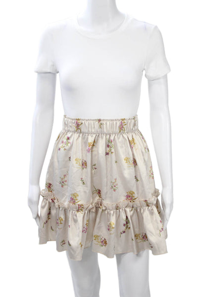 Over The Sea Womens Peasant Mini Skirt Beige Floral Knee Length Size 6