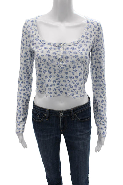 Z Supply Womens Cropped White Floral Button-Up Long Sleeve Round Neck Size S