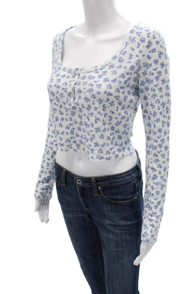 Z Supply Womens Cropped White Floral Button-Up Long Sleeve Round Neck Size S