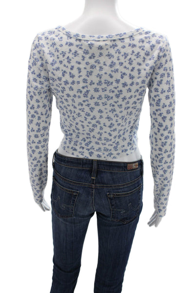 Z Supply Womens Cropped White Floral Button-Up Long Sleeve Round Neck Size S