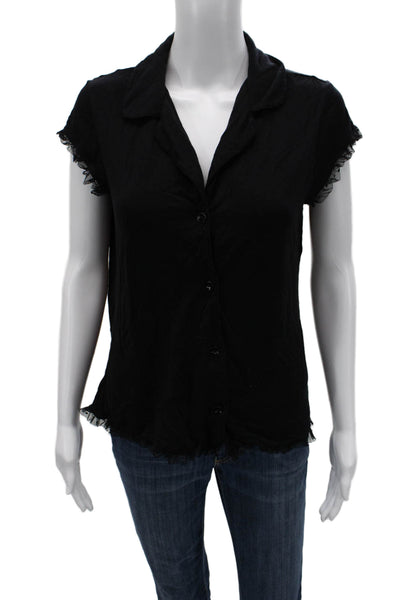 Eberjey Women Black Collared Short Sleeve Button-Up Blouse Size S