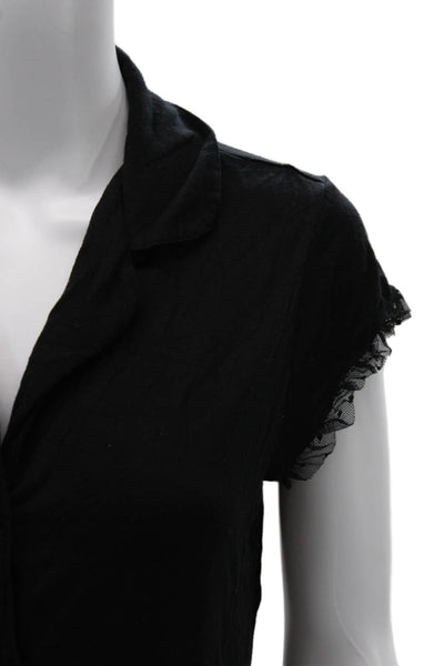 Eberjey Women Black Collared Short Sleeve Button-Up Blouse Size S