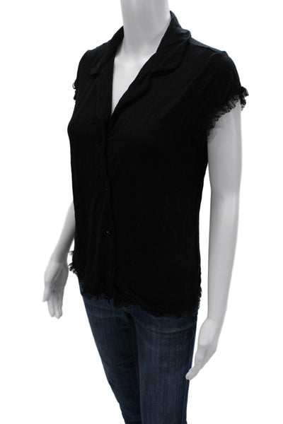 Eberjey Women Black Collared Short Sleeve Button-Up Blouse Size S
