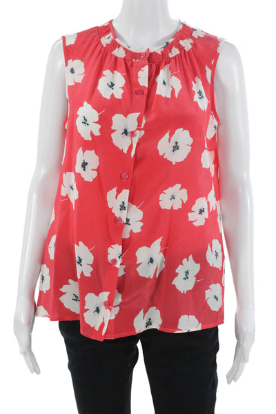 Tucker Women Red Silk Floral Sleeveless Round Neck Button Up Blouse Size M