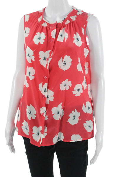 Tucker Women Red Silk Floral Sleeveless Round Neck Button Up Blouse Size M
