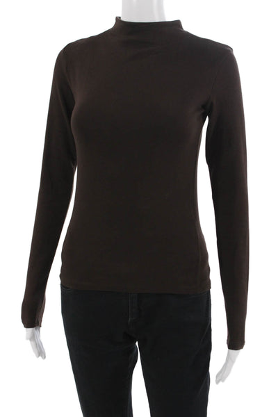 Zara Womens Basic Mock Neck Long Sleeve Brown Cotton Top Size S